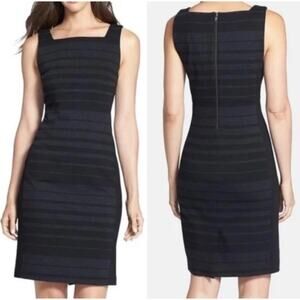 Eileen Fisher Black Striped Square Neck Stretch Bodycon Straight Dress Women's 8